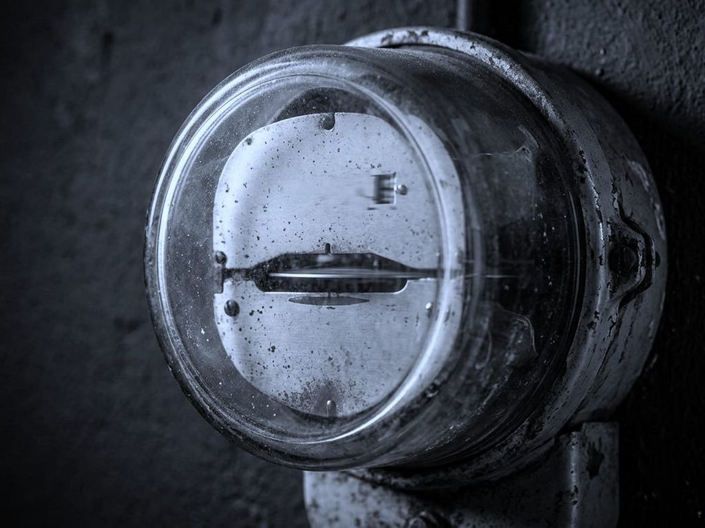 An old analogue electricity meter with its metal disc spinning behind glass on a dark wall.