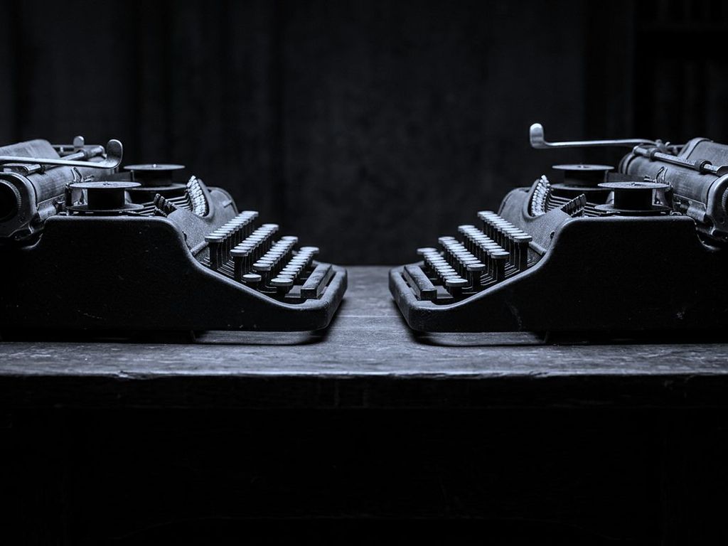 Two identical manual typewriters facing each other across a bare desk.