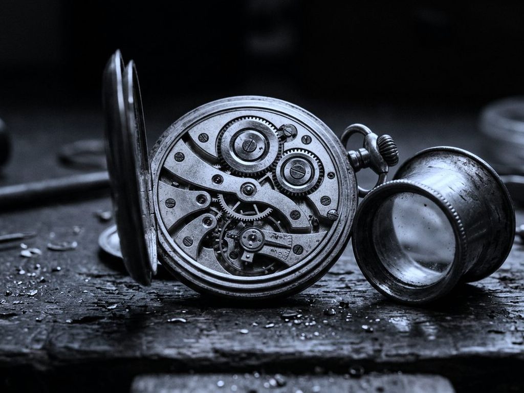 An opened antique pocket-watch movement on a dark bench, a jeweller’s loupe beside it.