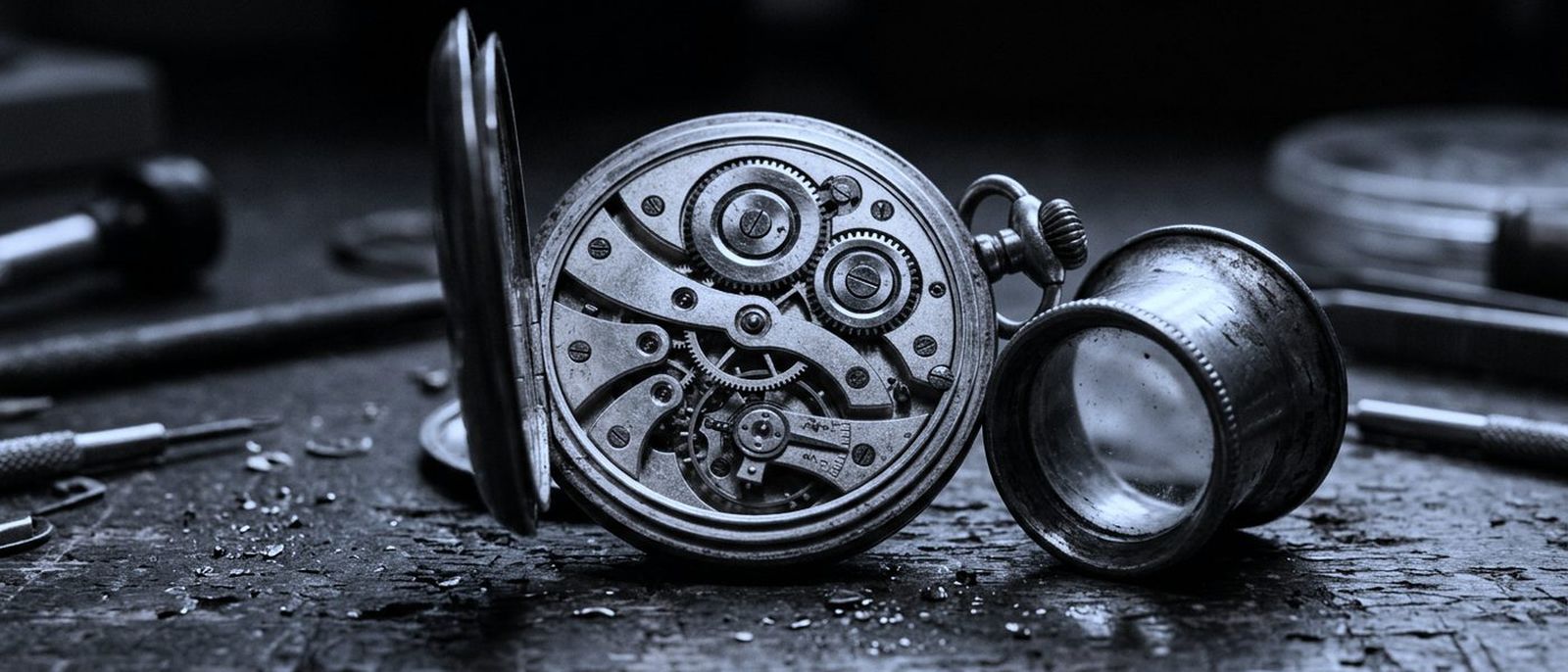 An opened antique pocket-watch movement on a dark bench, a jeweller’s loupe beside it.
