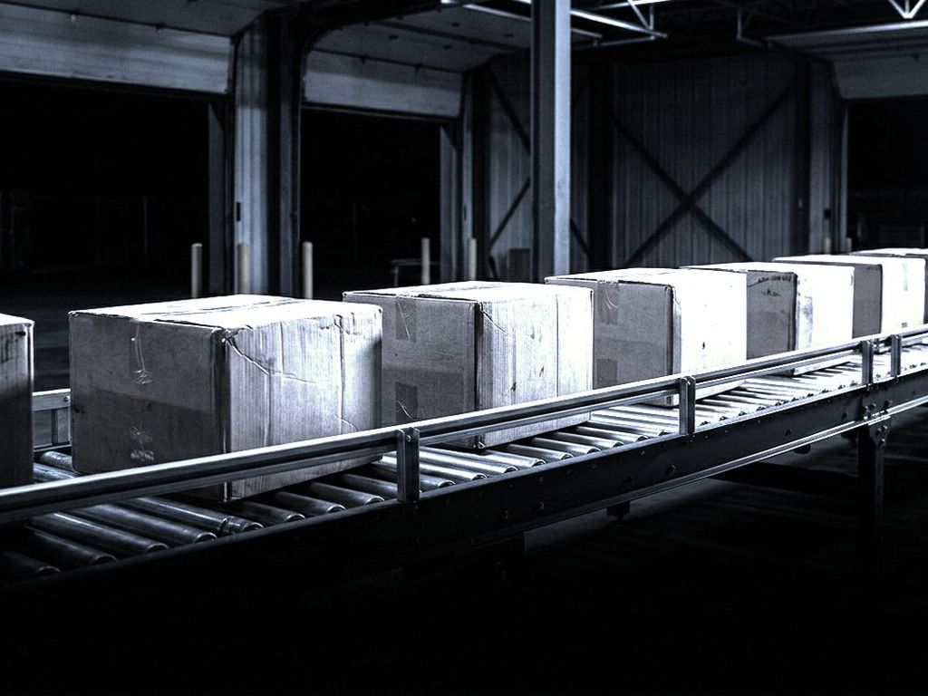 Sealed boxes moving along a conveyor between 2 warehouse bays at night.