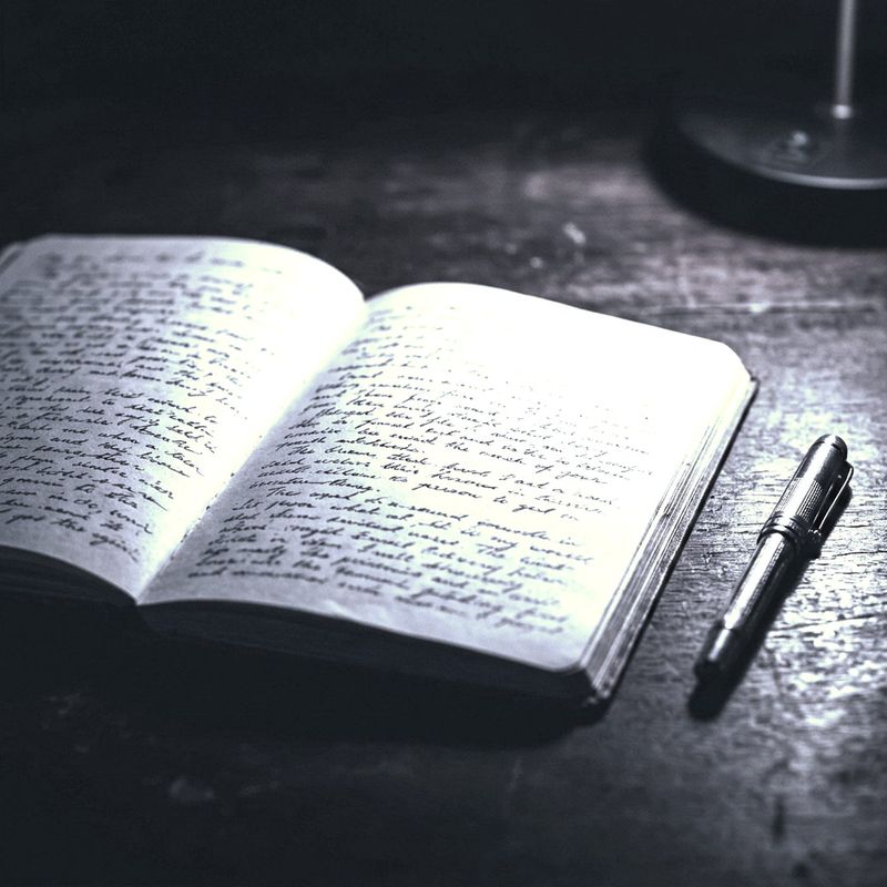 An open notebook beside a fountain pen on a dark desk under a single lamp.