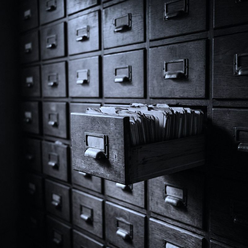 A wall of archive drawers in a dark records room, one drawer pulled out.