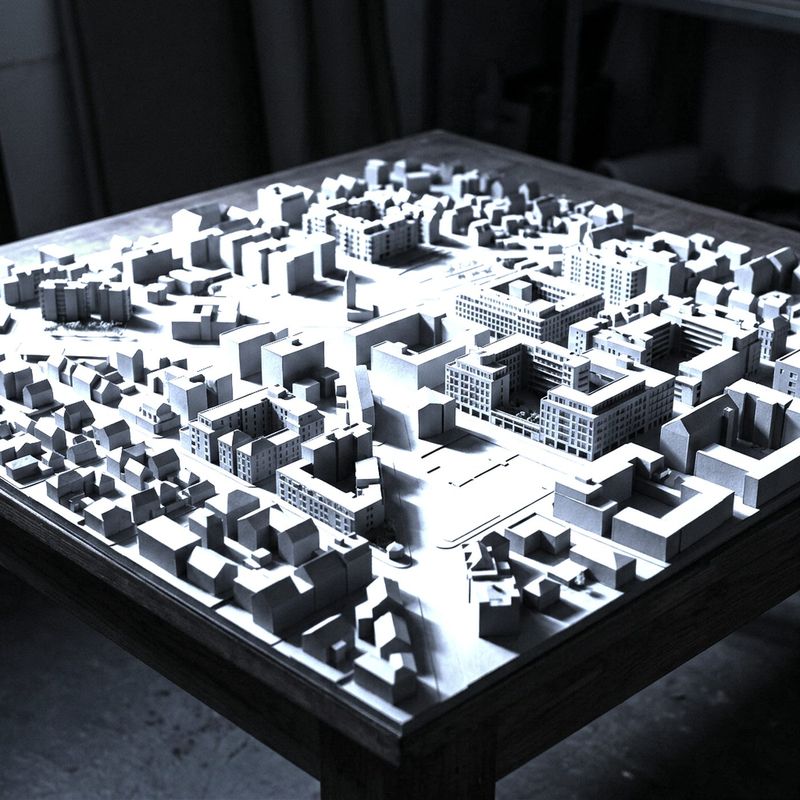 A flat architectural model of a city district on a table, lit from one side.