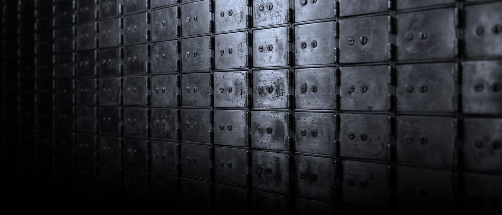 A wall of small brass safe deposit doors set in a dense grid.