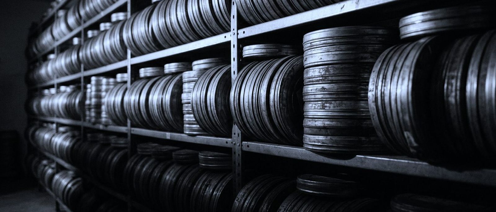 Metal film reel canisters stacked in long rows along archive shelves.