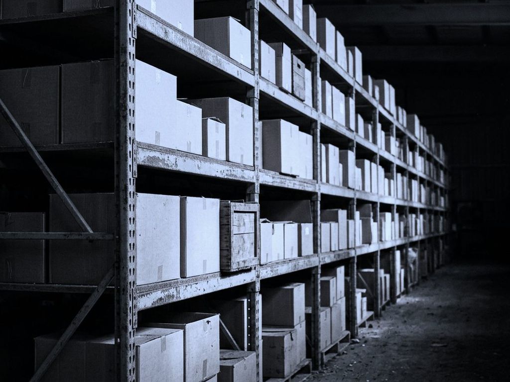 A warehouse aisle receding into the dark, shelving stacked with plain boxes.