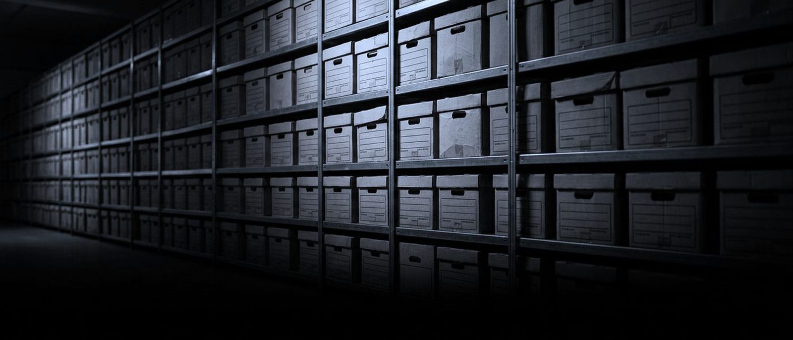 Tall archive shelving lined with identical document boxes, receding into the dark under one pool of light.