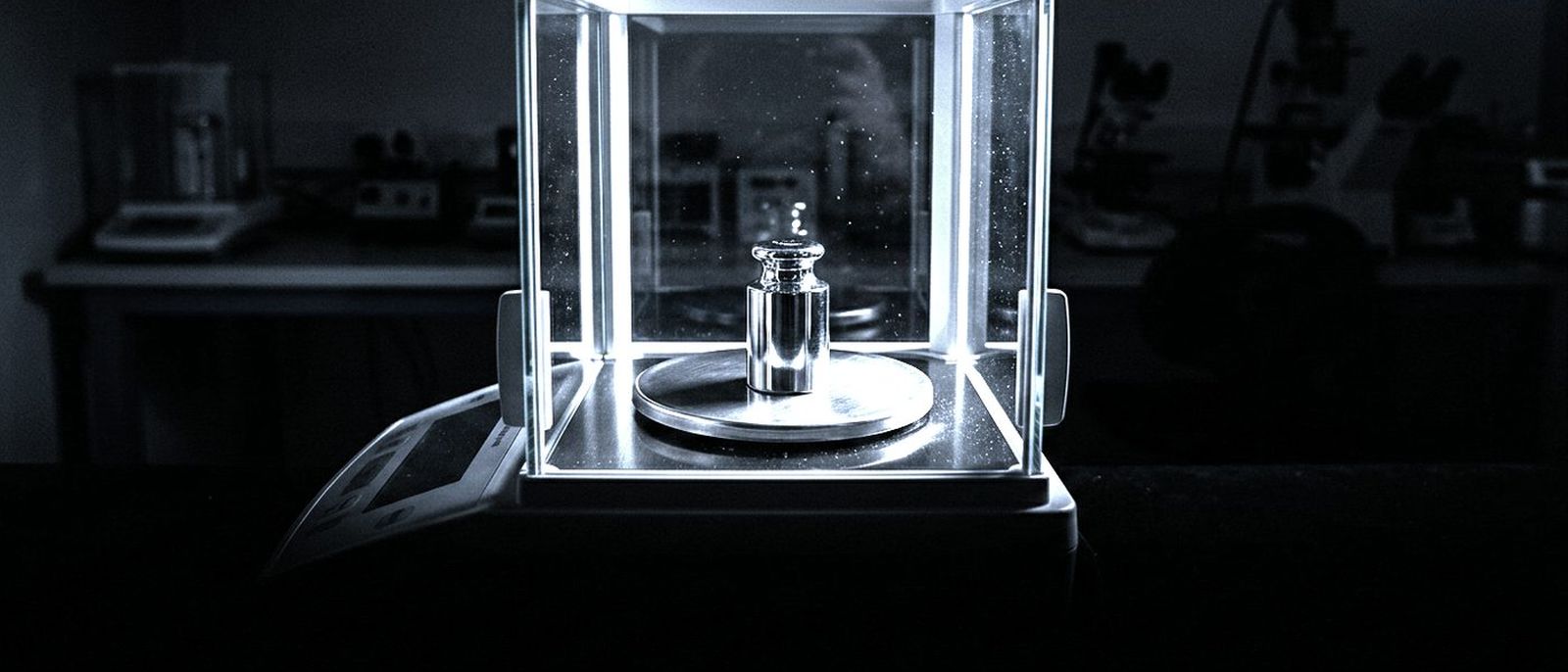 A precision laboratory balance with a calibration weight resting on its pan.