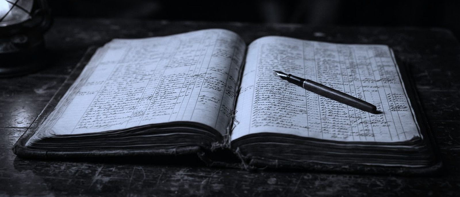 An open bound logbook on a dark table, ruled columns filled in by hand, a pen laid across the page.