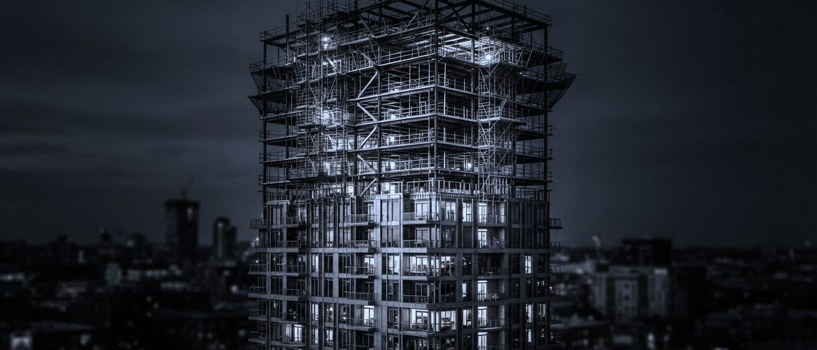 A building frame in scaffolding at dusk, the lower floors clad and lit, the upper floors still bare steel.