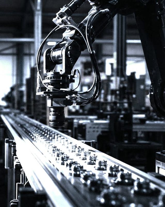 A machine vision camera on an industrial arm above a conveyor of identical parts in a dark factory.