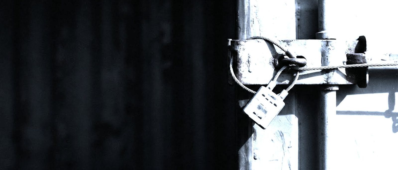 A lead seal crimped onto a steel wire through the hasp of a shipping container door.