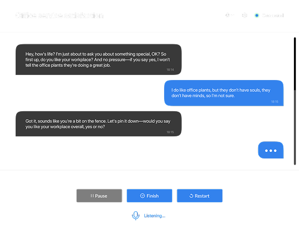 Voiager interview screen: a chat transcript of a voice interview about office service satisfaction, with Pause, Finish and Restart controls and a Listening indicator.